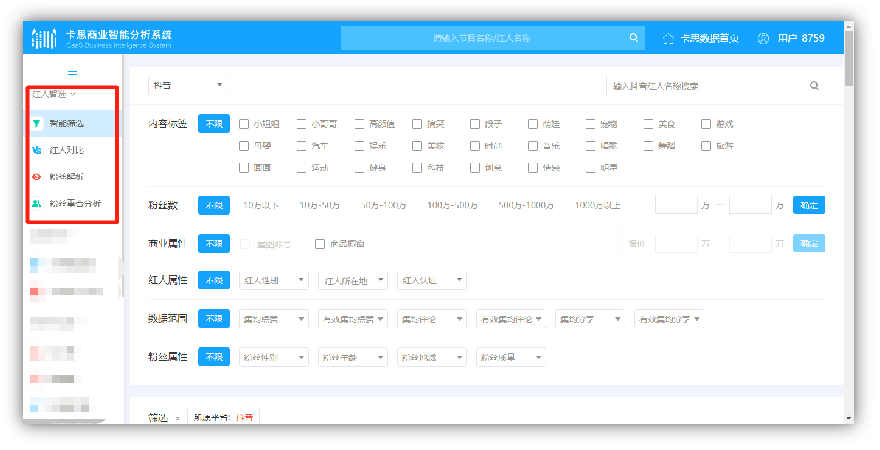 （卡思商業智能分析系統-紅人智選）