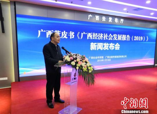 圖為廣西社會科學院院長陳立生介紹《廣西經濟社會發展報告(2019)》相關情況。 楊陳 攝 圖為廣西社會科學院院長陳立生介紹《廣西經濟社會發展報告(2019)》相關情況。 楊陳 攝